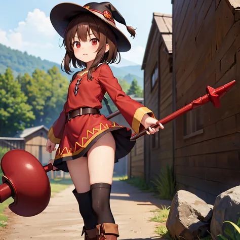 Megumin, red eyes, brown hair, short hair, red dress, loli, brown boots, dark brown hat, black panties, holding brown staff, short