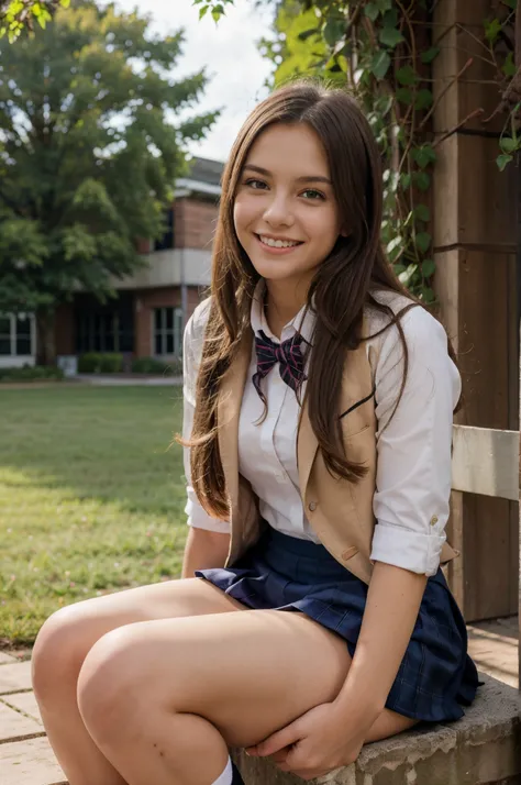 1girl,((school uniform)) ,blush,light smile, sitting,outdoors