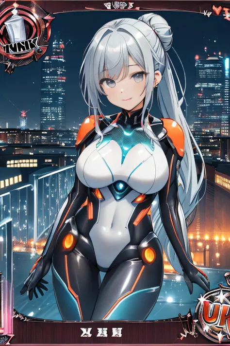 (Trading Card Game Frames:1.7),Cyber City at Night,(Gorgeous night view illumination:1.3),(Stand on the roof of a building:1.3)the actress is a very beautiful woman..(Sexy super shiny orange transparent holographic mechanical cyberpunk suit:1.3) ,(Mechanic...