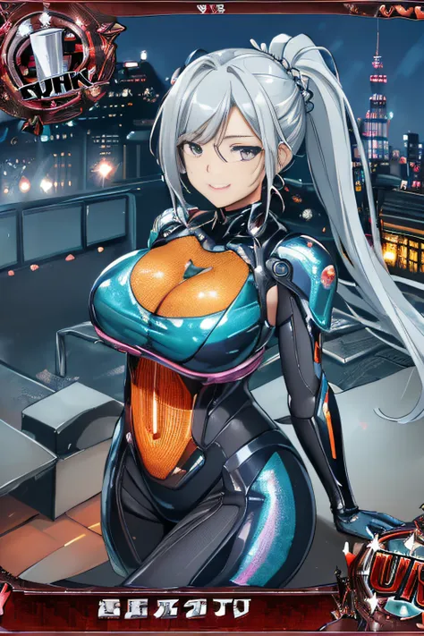 (Trading Card Game Frames:1.7),Cyber City at Night,(Gorgeous night view illumination:1.3),(Stand on the roof of a building:1.3)the actress is a very beautiful woman..(Sexy super shiny orange transparent holographic mechanical cyberpunk suit:1.3) ,(Mechanic...