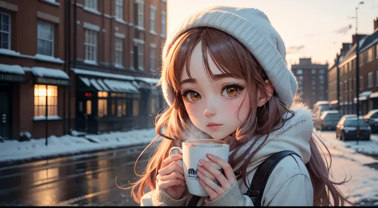 Anime girl, winter London, snow, and a cup of coffee windblown leaves against a gradient sky of calming colors.