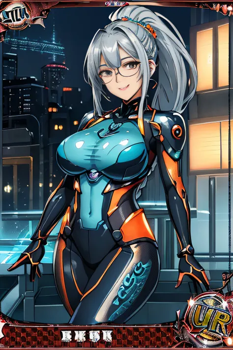 (Trading Card Game Frames:1.7),Cyber City at Night,(Gorgeous night view illumination:1.3),(Stand on the roof of a building:1.3)the actress is a very beautiful woman..(Sexy super shiny orange transparent holographic mechanical cyberpunk suit:1.3) ,(Mechanic...