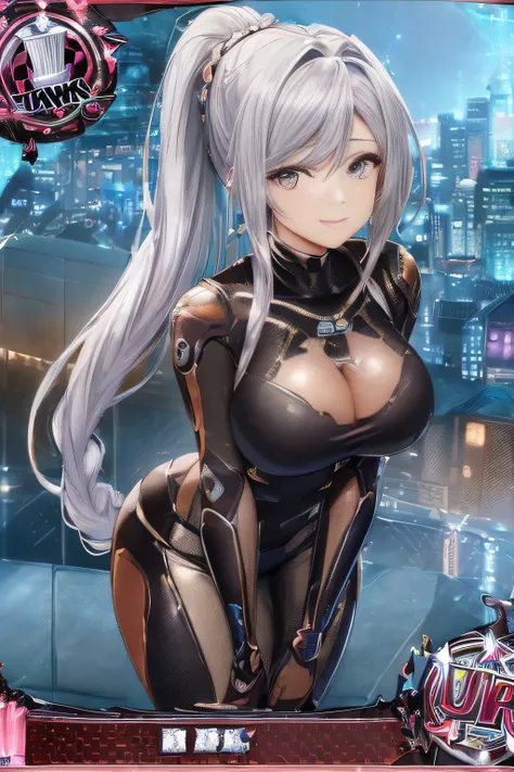 (Trading Card Game Frames:1.7),Cyber City at Night,(Gorgeous night view illumination:1.3),(Stand on the roof of a building:1.3)the actress is a very beautiful woman..(Sexy super shiny orange transparent holographic mechanical cyberpunk suit:1.3) ,(Mechanic...