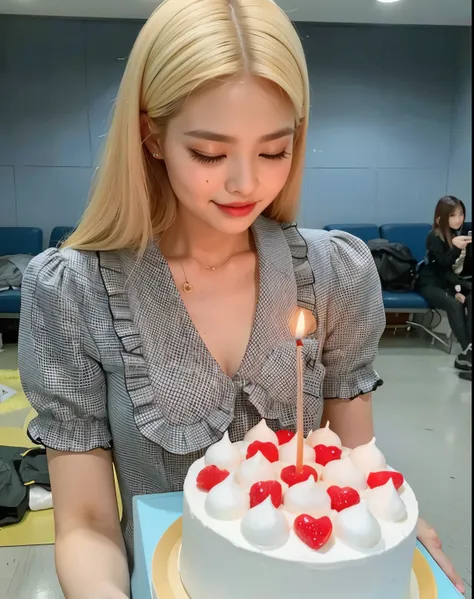 blonde woman with a birthday cake with a lit candle., parque roseanne de blackpink, jinyoung shin, happy birthday, holding a bir...