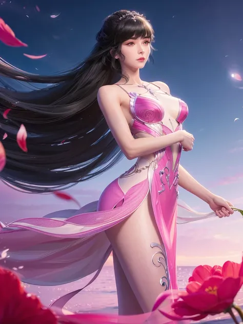 Beautiful and charming woman in fashion trend, full bodyesbian: 1.6, Holding flowers, Random hairstyle, Woman at sea, Tight slip dress random color, The wind blows hair, themoon，delicate sexy collarbone, Cover the chest, Charming goose egg face, Double eye...