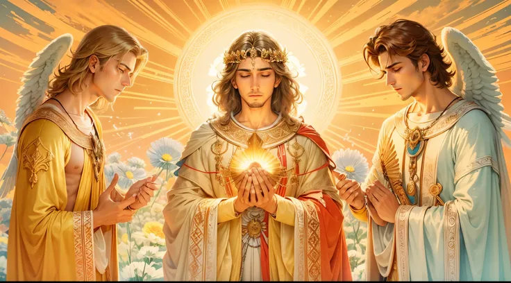 Close up of an image of three male angels praying and blessing, arcanjo homem com asas grandes, o anjo da fortuna, perfeito, Reslistic, Biblical setting, celestial scenery, sol e nuvens ultras realistas, flores e velas, illuminated archangel of heaven, Pas...