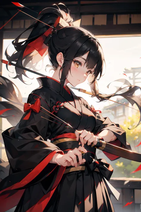 black kimono, hakama skirt,  partially fingerless gloves, muneate
1 girl in, solo, archery,bow,Arrow,