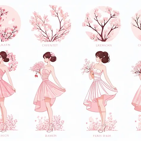 Box Package design of cherry blossom, pearl illustration, pink/white watercolor style, minimal background,  line draw (silhouette of elegant body shape lady), romantic atmosphere, pearl around