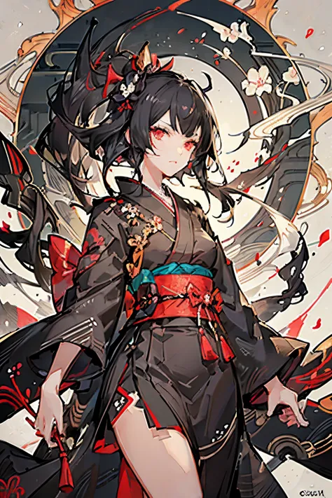 black kimono, hakama skirt,  partially fingerless gloves, muneate
1 girl in, solo, archery,bow,arrow, {{{ukiyo-e_style}}},{{flat...