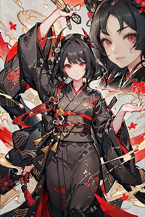 black kimono, hakama skirt,  partially fingerless gloves, muneate
1 girl in, solo, archery,bow,Arrow, {{{Ukiyo-e_style}}},{{flat_style}},{simple_colors},{{{masterpiece}}},{katsushika_hokusai},long_hair,hair_flower,{{black_hair}},red_eyes,{chinoiserie},{{{b...