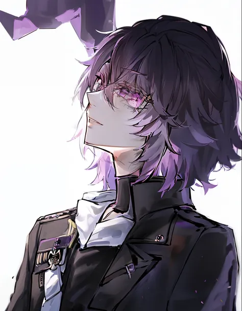 a close up of a person with a purple hair and a black jacket, inspired by Okumura Masanobu, inspired by Okumura Togyu, portrait gapmoe yandere grimdark, gapmoe yandere grimdark, inspired by Kawabata Ryūshi, inspired by Yamagata Hiro, trigger anime artstyle