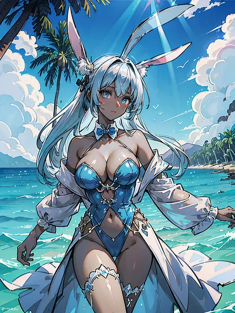 Mulher negra, dark skin, cabelo azul claro, whiteblue hair, light blue playboy bunny, bunny ears, low cut, cleavage, olhos azuis, amarrada a um pilar numa praia deserta em frente ao mar, perfectly proportions, wearing translucent fabric, finds itself in a ...