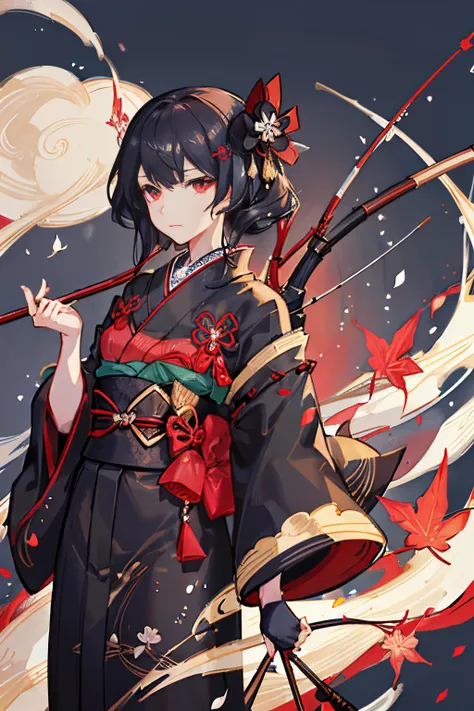 black kimono, hakama skirt, partially fingerless gloves, muneate 1 girl in, solo, archery,bow,arrow, {{{ukiyo-e_style}}},{{flat_...