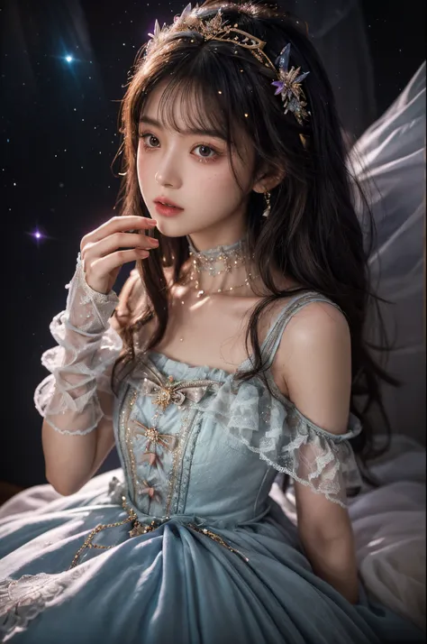 Background with: Mysterious quantum environment, Cosmic elements and ethereal atmosphere，A mix of bright lights and colorful nebulae. The subject: A mysterious girl with a magical aura. she has grown,dygj (manaka nemu)，Look at the audience， Colorful wavy c...