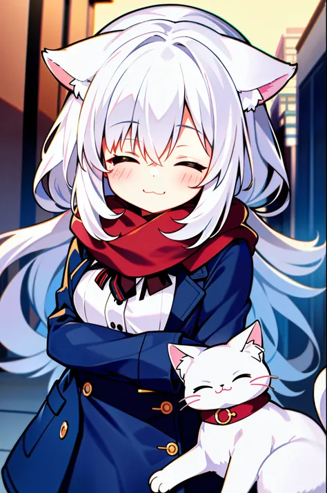 Masterpiece, best quality, high quality, ultra detailed, 1girl, white hair, medium hair, cat ears, closed eyes, looking at viewer, :3, cute, scarf, jacket, outdoors, streets,