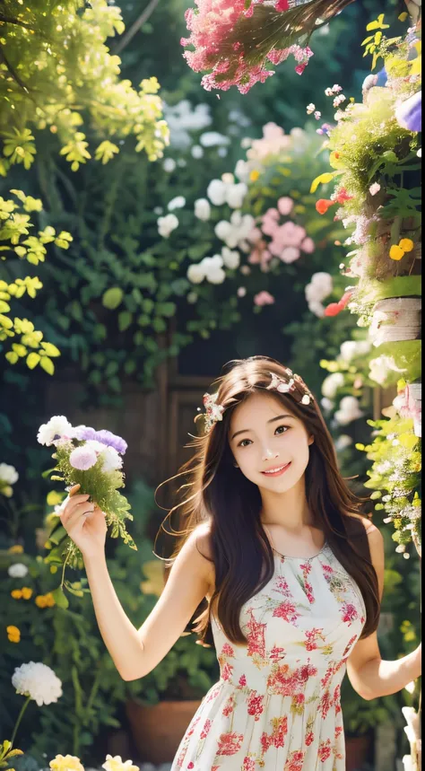 In the garden full of flowers, Under the sunlight, Little girl in floral dress  dancing