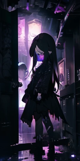 The dark city night is alive with the sound of rain, but Long-haired girl, cute, arms crossed, angry, side view, full body, chibi As they cautiously approach the creaking gate of the cursed estate, their flashlights illuminate the forbidden path ahead. Wha...