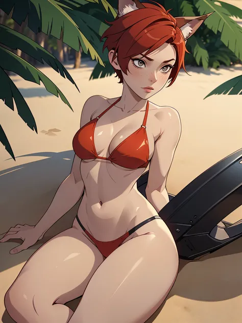 1girl, full body, teenager, solo, (short pixie cut Hair, undercut red hair: 1.28), ((light gray eyes)), some small freckles, (dark fox ears: 1.35), pale skin, large breasts, cleavage, (thin hips, thin waist , athletic body: 1.25),  background, looking away...