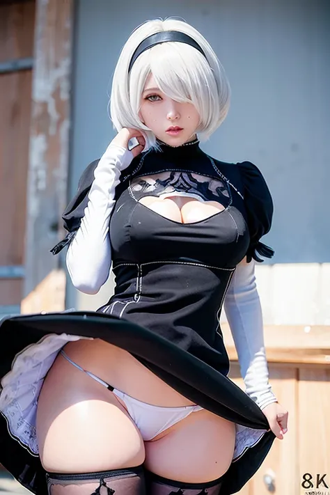 full body paparazzi shot of SCANTILY CLAD GIRL, (8K, RAW photo, best quality, masterpiece:1.2), (realistic, photo-realistic:1.37), ultra-detailed, ultra high res, masterpiece, best quality, 1girl,cowboy shot, street, yorha2b,detailed background, 2bcosplay,...