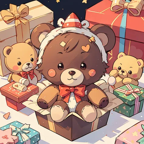 There  a teddy bear in the gift box，open gift box，festivity，Sweets and snacklowers embellished。