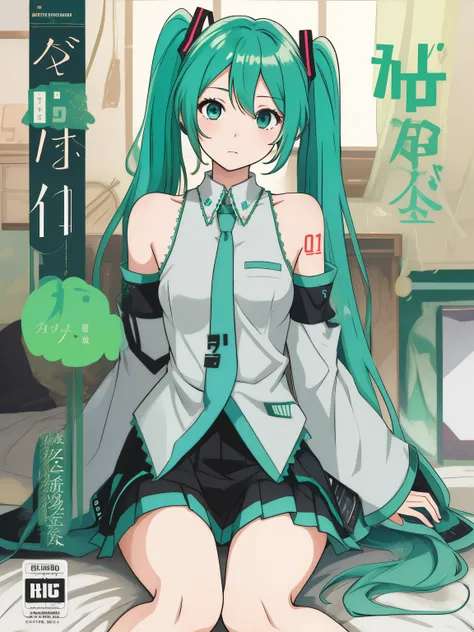 (cover page, cover page:1.3), Hatsune Miku, twintail, Green hair,bare shoulder, Black skirt, Black Sleeve, detached sleeves, Xian shirt, Hair ornaments, (embarressed:1.1), Bedroom of Gochuumon wa usagi desu ka? style of, nostalgic