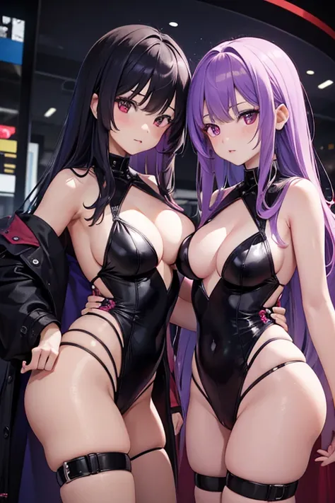 2girls, hot, purple hair, red eyes, NSFW, high res, ultrasharp, 8K, masterpiece, looking at viewer