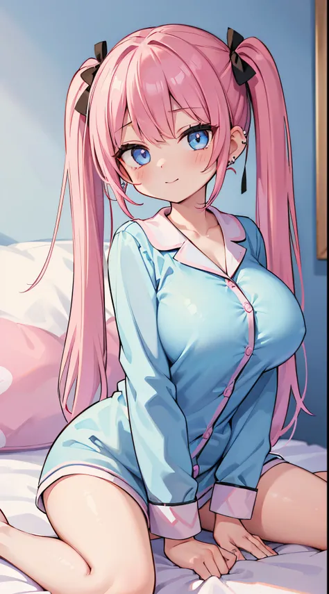 (​masterpiece、top-quality、ultra-detailliert)、((1 girl))、((Pink hair twin tails))、light blue  eyes、evilsmile、piercings、((very Bigger breasts))、sky blue pajamas、polka dots、cowboy  shot、sit on a bed、bedroom background