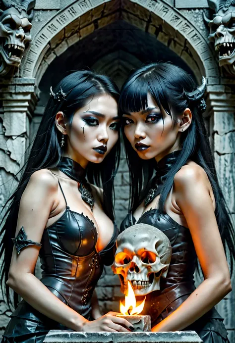 two sexy asian goth girls  love in a mausoleum on top of a demonic ancient cracked stone sarcophagus by the lght of a burning torch in a gargoyle sconce on the wall behind them