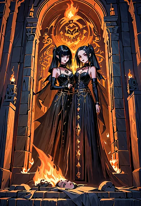 two sexy asian goth girls  love in a mausoleum on top of a demonic ancient cracked stone sarcophagus by the lght of a burning torch in a gargoyle sconce on the wall behind them