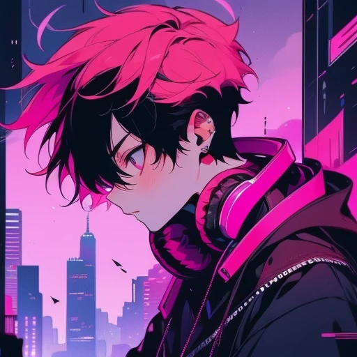 (short-cut), (Two-block hair), (vivid pink hair), (male character), (red eyes), (Cool pose), (of the highest quality), (​masterpiece), (ultra-detailliert), (Oversized hoodies), (headphones), (Street), (neons), (Camera from a down angle), (Modern City), (Ne...