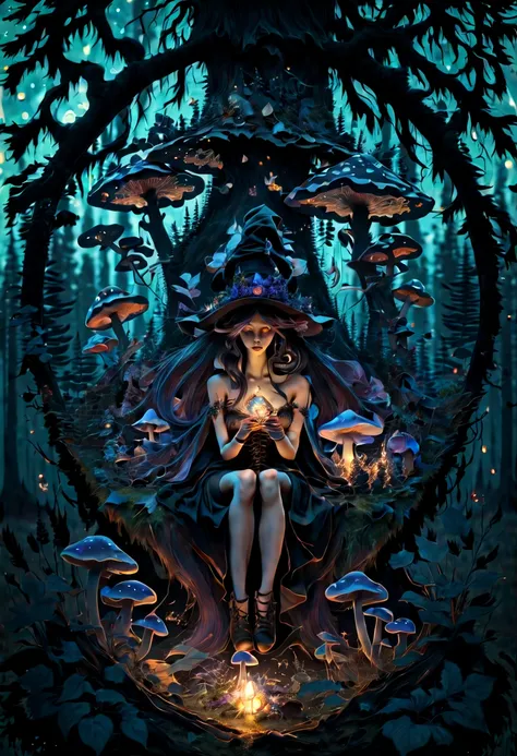 Three different beautiful erotic witch girls having  in a ring of mushrooms in the dark forest lit by tiny fireflies