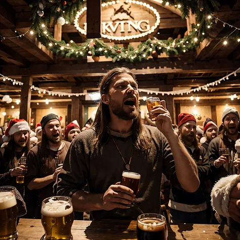 A crowd of vikings celebrating Christmas with beers while singing