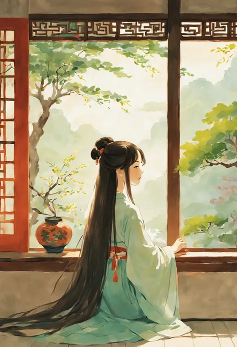 painting of ancient china, there is a back of a young girl sitting in a room in an ancient china house, the young girl has long ...