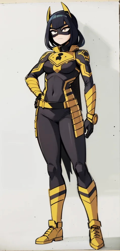 My Hero Academia style, medium breast, wide thighs, wide hips, Himiko Toga, Hero costume, full body costume, black costume, costume with bat badge on chest, costume with bat badge, bat badge on chest, Black domino mask, domino mask, black mask, covered fac...