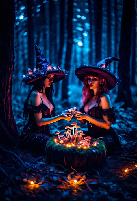 Three different beautiful erotic witch girls having  in a ring of mushrooms in the dark forest lit by tiny fireflies