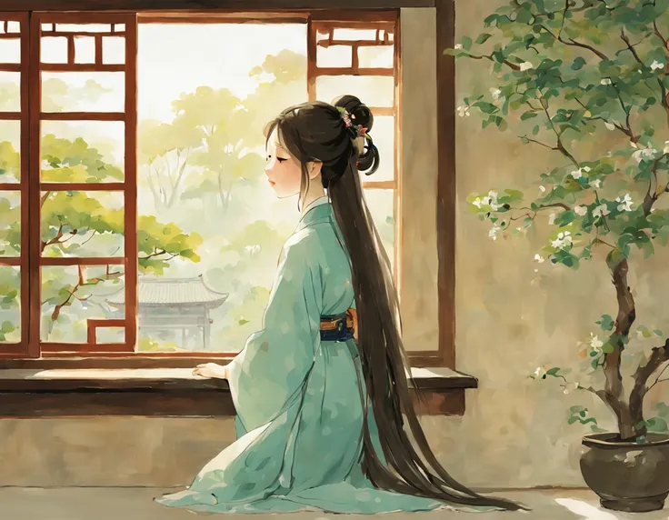 painting of ancient china, there is a back of a young girl sitting in a room in an ancient china house, the young girl has long flowing hair, she is wearing hanfu and happily looking out of the window seeing the tree outside, the window is rounded, spring,...