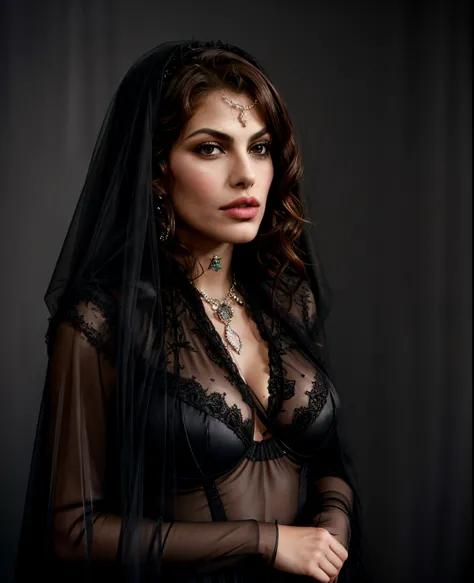 sexuell erregte Frau (Eva Mendes) mit schwarzem Schleier und Spitze an Kopf und Hals, Portrait of a dark witch, portrait of a dark goddess, Dunkel und kompliziert, Mysterious portrait of a woman, Woman in black robes, Fine Art Portrait Photography, dark fa...