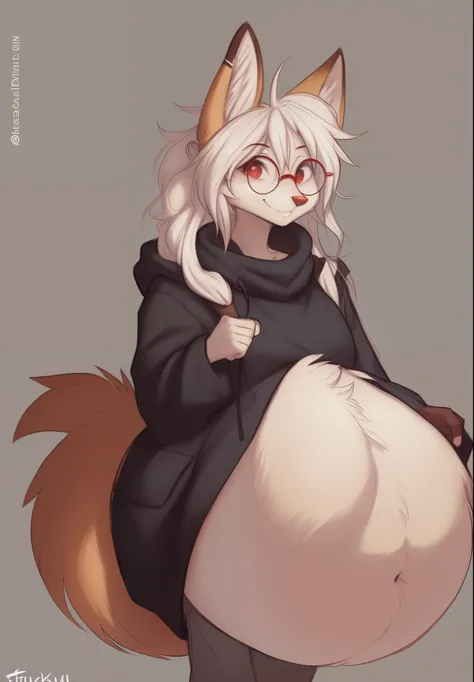 by Zackary911, by Kenket, by Kilinah, by fluff-kevlar, anthro, mommy female fennec fox, solo, long white hair, full body fluffy fox tail, one big tail, dark background. dark priest with balck and red cloack open belly, round glasses, full body concept, rea...