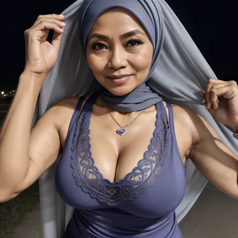 56 Years old, Indonesian mature woman, wearing Wide Hijab, perfect body, Full body, natural Droopiest Lowest Gigantic breast : 96.9, gorgeous eyes, Soft smile, wear a Tank Top, Tight Tank Top, Heart necklace, Breast about to burst Out, Nightime walk, Excel...