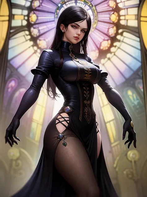 One Cyberpunk woman, solo, beautiful, standing, blends with a gothic chapel and Dungeons and Dragons Fantasy elements blending together to create a (masterpiece), (best quality) scene, in the iconic painting style of Greg Rutkowski and Salvador Dali and ((...