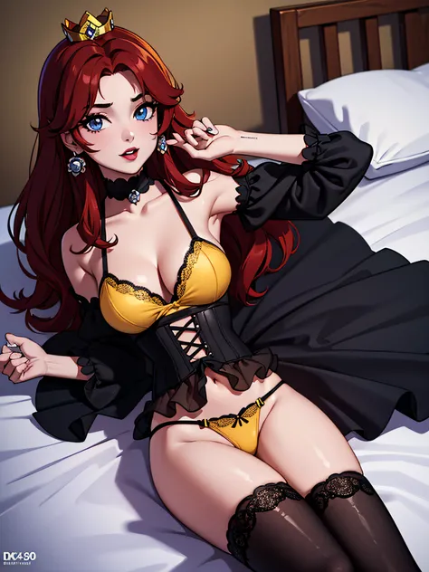 ((high detailed, best quality, 4k, masterpiece, hd:1.3)), Princess Daisy, blue eyes, original, seductive, attractive, fanart, sexy smile, smooth anime cg art, 36C breasts, long legs, vivid colors, detailed digital art, slim body, perfect skin, dark red hai...