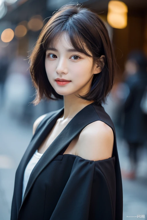 (1 beautiful Korean star) Shoulder-length hair, Thin makeup, Medium chest size, wearing black suit for women, Clear facial features, 8K high resolution, Sharp, realistic detail, outside in winter, Eye-level shots, f/4.0, 135mm, Fujifilm, jpeg artifacts, di...