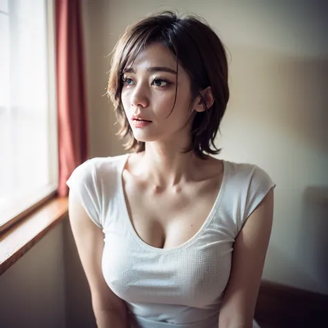 vivid colors, soft lighting, artistic portrait style, (tmasterpiece:1.2, Best quality at best), 1 woman, Alone, The upper part of the body, large tities, Tight white T-shirt and jeanlack short messy hair,  makeup，Confident and relaxed, aprons，parted lips ,...