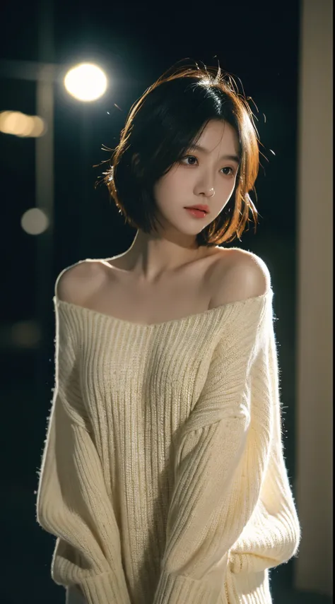 Best quality， tmasterpiece， 超高分辨率，wear a sweater （realistically：1.5）， RAW photos， 1 Sister， shoulder， In the darkness of the night， Depth shadows， low pitch， cold light， Sexy look， Short hair details