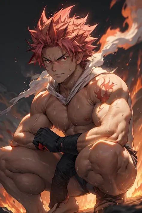 Muscular Natsu Dragneel squatting, surrounded by lava, smirking, looking at the viewer, shirtless, muscular, sweating heavily, (best quality, 4k, highres, masterpiece:1.2), ultra-detailed, (realistic, photorealistic:1.37), intense heat, fiery atmosphere, p...