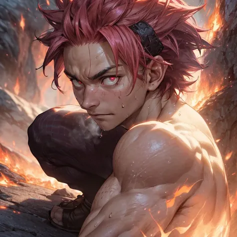 ((Front view)) Muscular Natsu Dragneel squatting, surrounded by lava, smirking, looking at the viewer, shirtless, muscular, sweating heavily, (best quality, 4k, highres, masterpiece:1.2), ultra-detailed, (realistic, photorealistic:1.37), intense heat, fier...