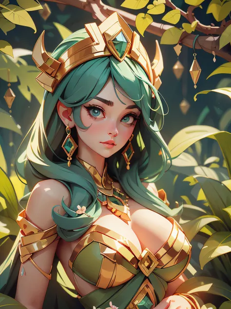 (( a close body portrait of a Greek goddess Persephone wearing a crown or headdress adorned with flowers or vegetation.)), close-up, (she is standing in a greenery vegetation and flowers scene), big breats, big ass, inverted nipples, big areolae, (her role...