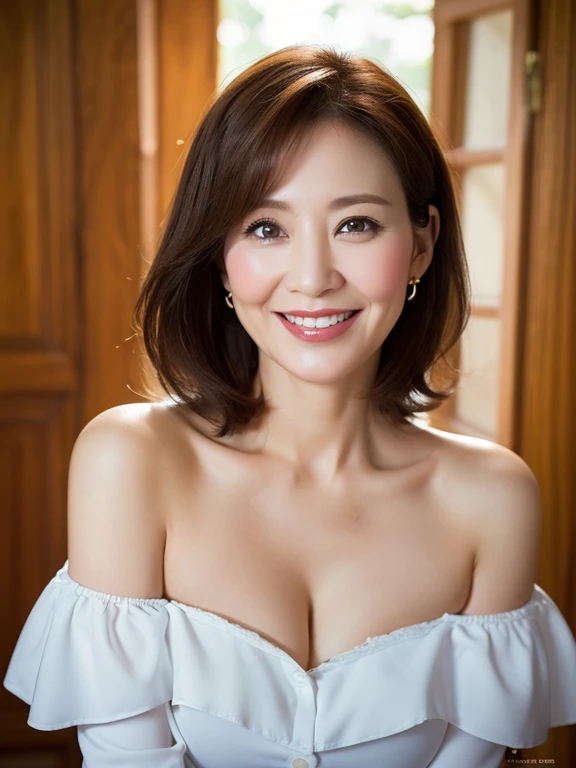 top-quality, ​masterpiece, 超A high resolution, Photorealsitic, 1girl, off shoulders, a smile, (A MILF), (((48yo))), (Aging skin),