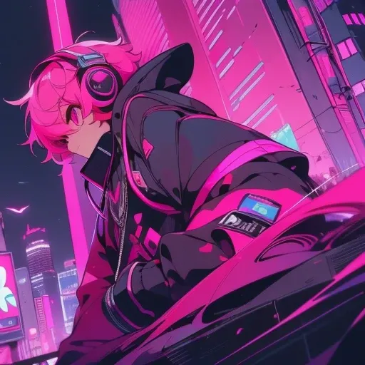 (short-cut), (Two-block hair), (vivid pink hair), (male character), (red eyes), (Cool pose), (of the highest quality), (​masterpiece), (ultra-detailliert), (Oversized hoodies), (headphones), (Street), (neons), (Camera from a down angle), (Modern City), (Ne...