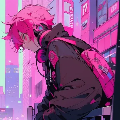 (short-cut), (Two-block hair), (vivid pink hair), (male character), (red eyes), (Cool pose), (of the highest quality), (​masterpiece), (ultra-detailliert), (Oversized hoodies), (headphones), (Street), (neons), (Camera from a down angle), (Modern City), (Ne...